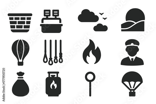 Hot Air Balloon Essentials. Solid style icons of hot air balloon essentials: basket, burner, sky, landscape, envelope, ropes,