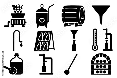 Winemaking Process Icons. Solid style icons of winemaking process: grape crusher, fermentation tank, oak barrel, siphon tube,