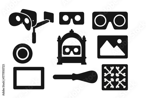 Antique Optical Devices. Solid style icons of Antique Optical Entertainment: Stereoscope, Card, Viewer, 3D Image, Parlor, Lens,