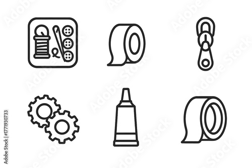 Survival Repair Tools Icons. Line style icons of Survival Repair Tools: sewing kit, repair tape, spare zipper pull, gear patches,