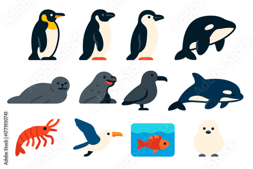 Antarctic Wildlife Icons. Flat vector icons of Antarctic wildlife: emperor penguin, Adélie penguin, chinstrap penguin, Weddell