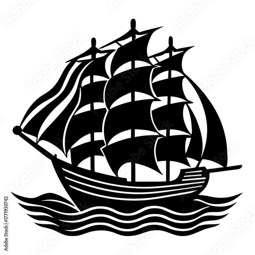 Majestic tall ship sailing on wavy seas under full sails silhouette design