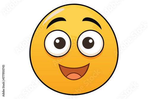 Yellow emoji face with smiling expression and large eyes conveys joy and happiness