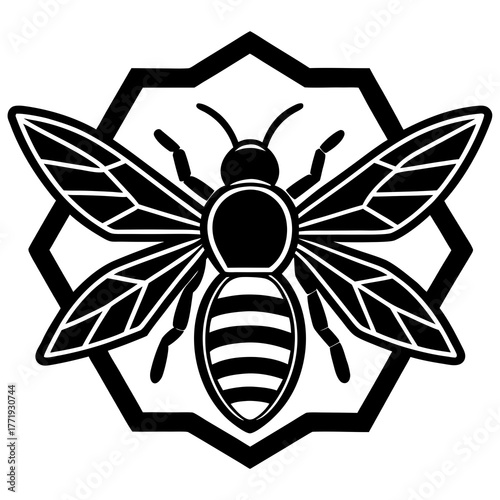 Stylized black and white bee emblem with geometric honeycomb background silhouette design