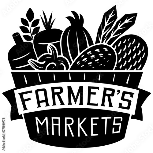 Farmer s markets emblem featuring a bounty of fresh produce in a basket silhouette design