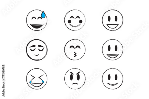 Hand drawn face smile icon line people face emotions set in doodle scribble pencil marker style hand drawn. Grunge Face Emoji Icon Set. Grunge Vector Emoticons. Distressed Emoticon Vector Collection

