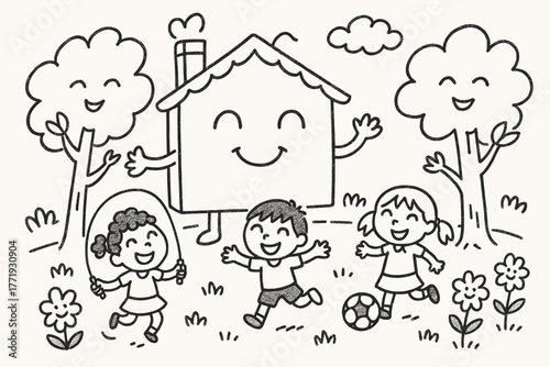 Happy House Usufruct. A doodle of a smiling house happily lending its garden to cheerful children playing, with flowers and trees