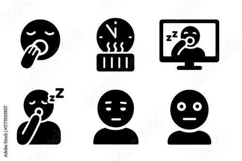 Yawning Icons Collection. Solid style icons of yawning triggers: Tired Face, Late Night Clock, Warm Room, Watching Yawn, Sleepy