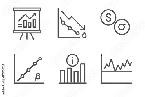 Hedge Fund Icons. Line style icons of hedge funds: fund metrics board, drawdown tracking, Sharpe ratio icon, alpha vs beta graph,