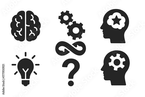 Mind Experiment Icons. Solid style icons of Mind Experimentation: Brain, Gears, Paradox, Imagination, Light Bulb, Question Mark,