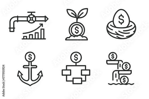 Hedge Fund Icons. Line style icons of hedge funds: investment pipeline icon, seed funding symbol, fund incubation icon, anchor