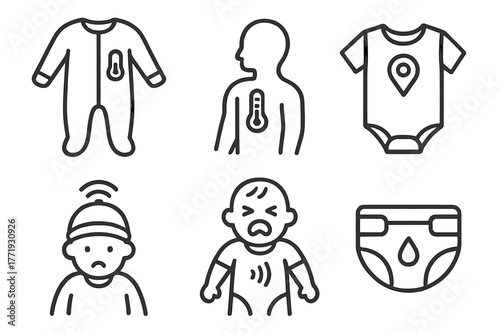 Child Monitoring Icon Set. Line style icons of Child Monitoring Garments: baby sleep suit sensor, infant temperature patch, GPS