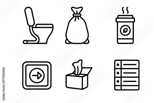 Zero-Gravity Waste Icons. Line style icons of Zero-Gravity Waste Management: vacuum toilet, sealed waste bag, odor filter canister