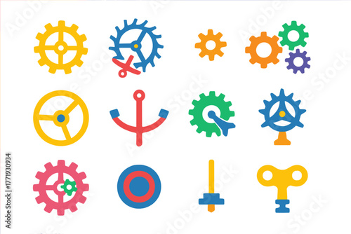 Vibrant Clockwork Icons. Flat vector icons of clock mechanisms: brass gear wheel, escapement gear, pinion gear, gear train