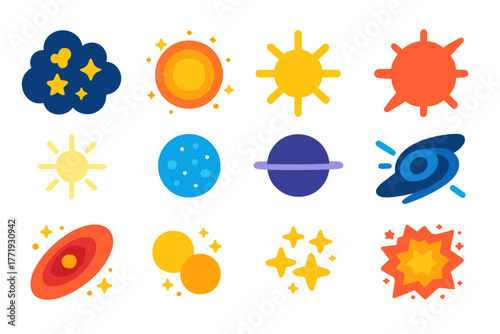 Star Life Cycle Icons. Flat vector icons of star life cycle: stellar nursery cloud, protostar glow, main sequence star, red giant,