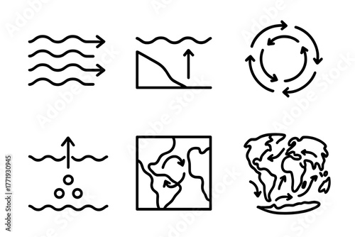 Marine Biology Icons. Line style icons of marine biology: ocean currents, upwelling icon, gyre pattern, nutrient transport,