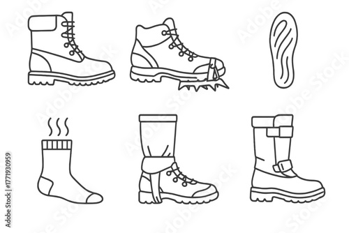 Cold Weather Footwear Icons. Line style icons of Cold Weather Footwear: insulated boots, crampon-ready shoes, thermal insoles,