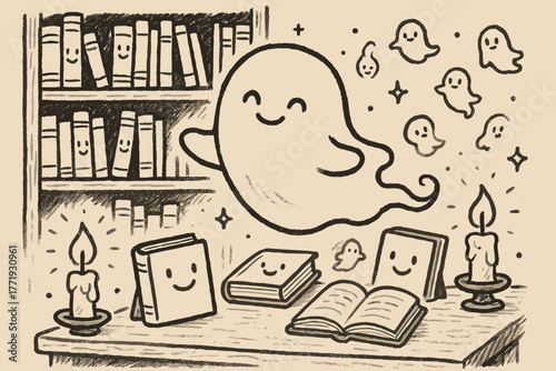 Enchanted Library Scene. A doodle of a smiling eidolon drifting through a cozy library, with happy books, glowing candles, and