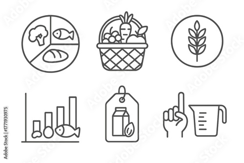 Nutrition Science Icons. Line style icons of nutrition science: food groups and servings, fruit and vegetable basket, whole grains