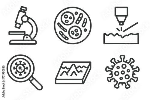 Microbiology Icon Set. Line style icons of microbiology: electron microscope, transmission view, scanning electron beam,