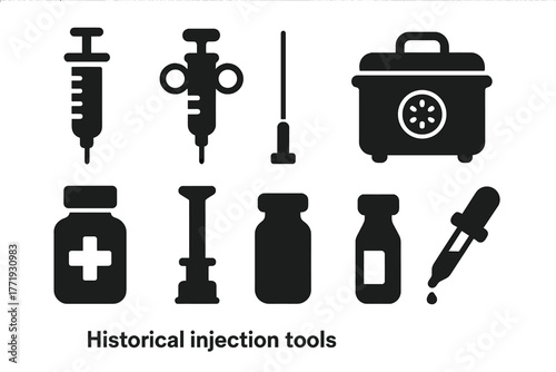 Historical Injection Tools Icons. Solid style icons of Historical Injection Tools: Insulin Syringe, Glass, Needle, Sterilizer,