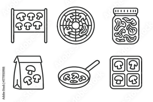 Mushroom Preservation Icons. Line style icons of Preserving Foraged Mushrooms: drying rack, dehydrator tray, jar of dried
