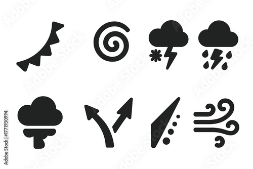 Weather System Icons. Solid style icons of weather system interaction: Cold Front Curve, Low Pressure Spiral, Storm Overlay, Snow