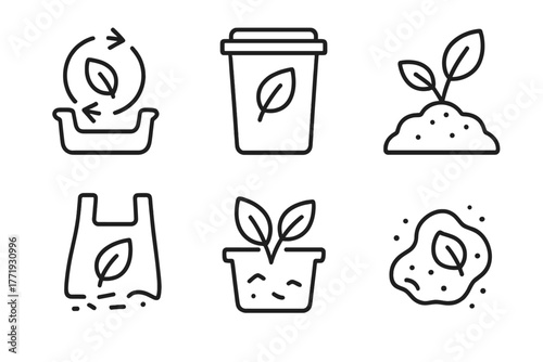 Biodegradable Plastics Icons. Line style icons of biodegradable plastics: composting process, green bin symbol, soil breakdown