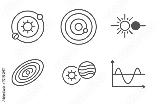 Astrophysics Icon Set. Line style icons of astrophysics: exoplanet system, habitable zone ring, transit method icon, radial