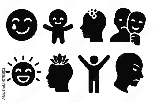 Emotional State Icons. Solid style icons of emotional and mental states: Joy Tear, Inner Child, Ego Dissolution, Fear Mask, Laugh