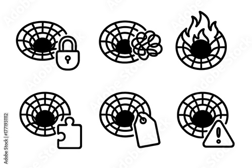 Black Hole Paradox Icons. Line style icons of black holes: information paradox, scrambled data icon, event horizon firewall,