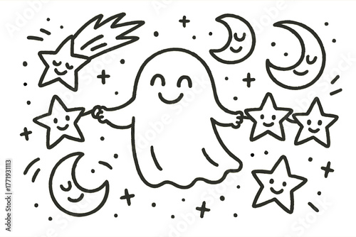 Specter's Celestial Dance. A doodle of a joyful specter holding hands with little stars, while smiling comets and moons dance