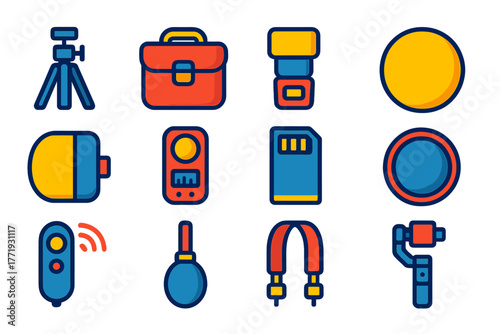 Photography Icon Set. Flat vector icons of photography accessories: tripod, camera bag, external flash, reflector, diffuser, light