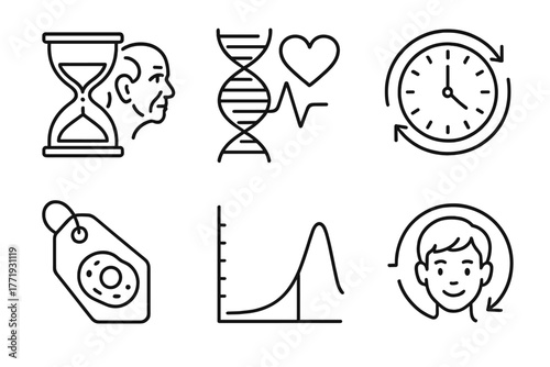 Intermittent Fasting Icons. Line style icons of intermittent fasting: fasting and aging, longevity DNA icon, anti-aging clock,