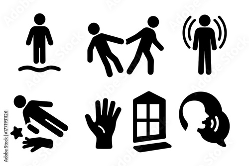 Separation Signs Icons. Solid style icons of signs of separation: Sudden Float, Pulling Sensation, Vibrational Buzz, Room View
