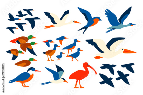 Migratory Bird Icons. Flat vector icons of migratory birds: flock of geese in V-formation, stork flying, swallow in air, crane