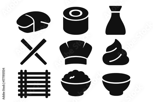 Sushi Essentials Icons. Solid style icons of sushi restaurant essentials: Nigiri, Maki Roll, Soy Sauce Bottle, Chopsticks, Sushi