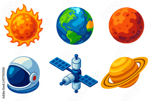 Space Science Icons. Isometric vector illustration set Space Science: fiery sun, spinning earth, desert mars, striped saturn,