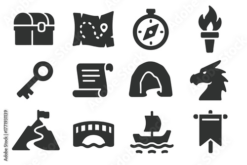 Knight Quest Icons. Solid style icons of knight quests: treasure chest, map, compass, torch, key, scroll, cave, dragon silhouette,