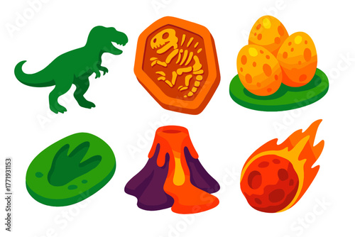 Cretaceous Icons Set. Isometric vector illustration set Cretaceous World: T-Rex silhouette, embedded fossil, egg cluster,