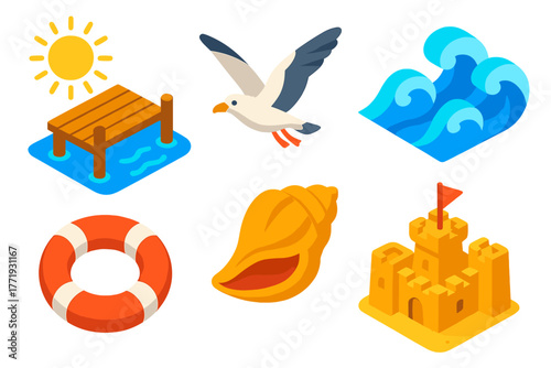 Coastal Life Icons. Isometric vector illustration set Coastal Life: sunny pier, seagull in flight, tidal waves, conch shell, life