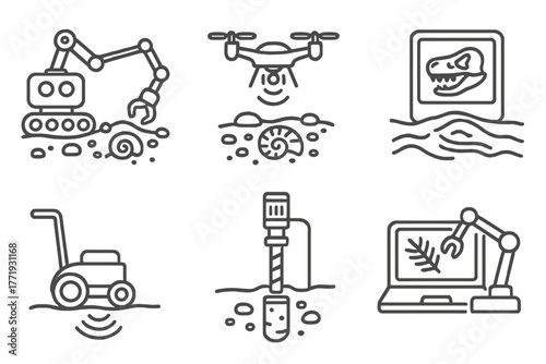 Paleontology Tech Icons. Line style icons of paleontology: fossil dig robot, drone aerial view, sonar mapping tool, subsurface