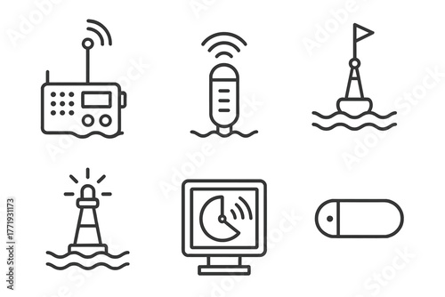 Deep-Sea Communication Icons. Line style icons of Deep-Sea Communication Tools: underwater radio, acoustic transmitter, signal