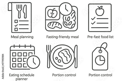 Intermittent Fasting Icons. Line style icons of intermittent fasting: meal planning, fasting-friendly meal tray, pre-fast food