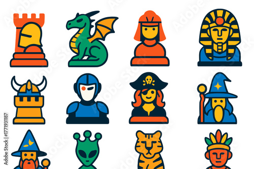 Thematic Chess Icons. Flat vector icons of thematic chess sets: medieval knight rook, fantasy dragon bishop, samurai warrior pawn,