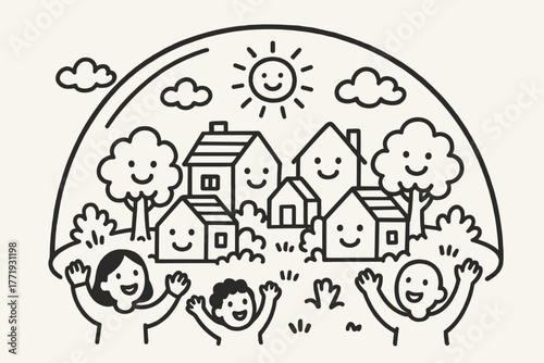 Cheerful Village Under Dome. A doodle of a cozy village under the aegis dome, with smiling houses, happy trees, and cheerful