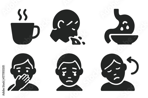 Induced Vomiting Icons. Solid style icons of induced vomiting therapy: Emetic Cup, Tilted Head, Spit Bowl, Twisted Stomach, Hand
