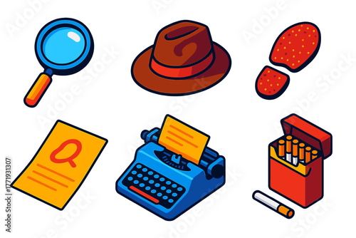 Private Investigator Icons. Isometric vector illustration set Private Investigator: magnifying glass, vintage fedora, dusty
