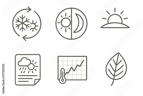 Meteorology Line Icons. Line style icons of meteorology: seasonal transition icon, equinox symbol, solstice event, seasonal