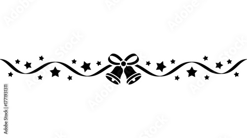 Black Christmas bell and star garland vector border with ribbon detail, festive decorative divider on transparent background for holiday greeting and winter design use
